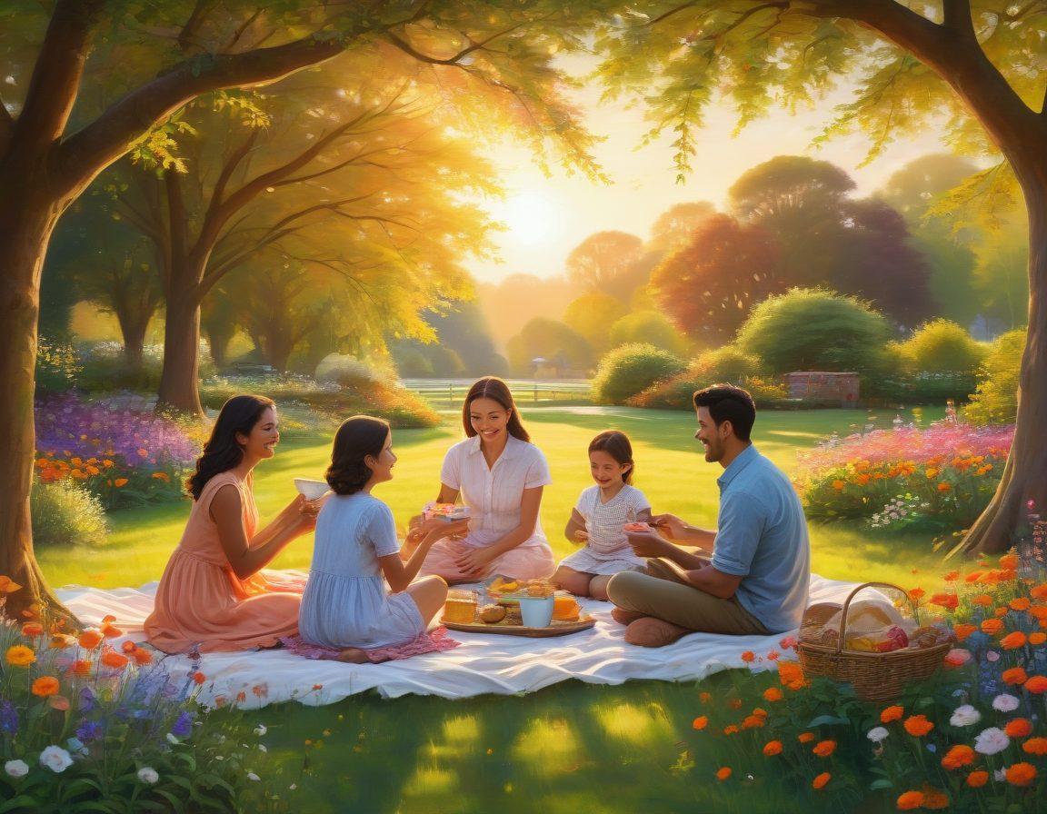 A heartwarming scene of a diverse family enjoying a sunny picnic in a blooming park, surrounded by colorful flowers and playful children, embodying warmth and joy. There should be smiles and laughter as they engage in games, share food, and create precious memories together, with a soft sunset casting a golden glow over the scene. The atmosphere should feel inviting and serene, emphasizing the essence of happiness and connection. painting. vibrant colors. serene background.