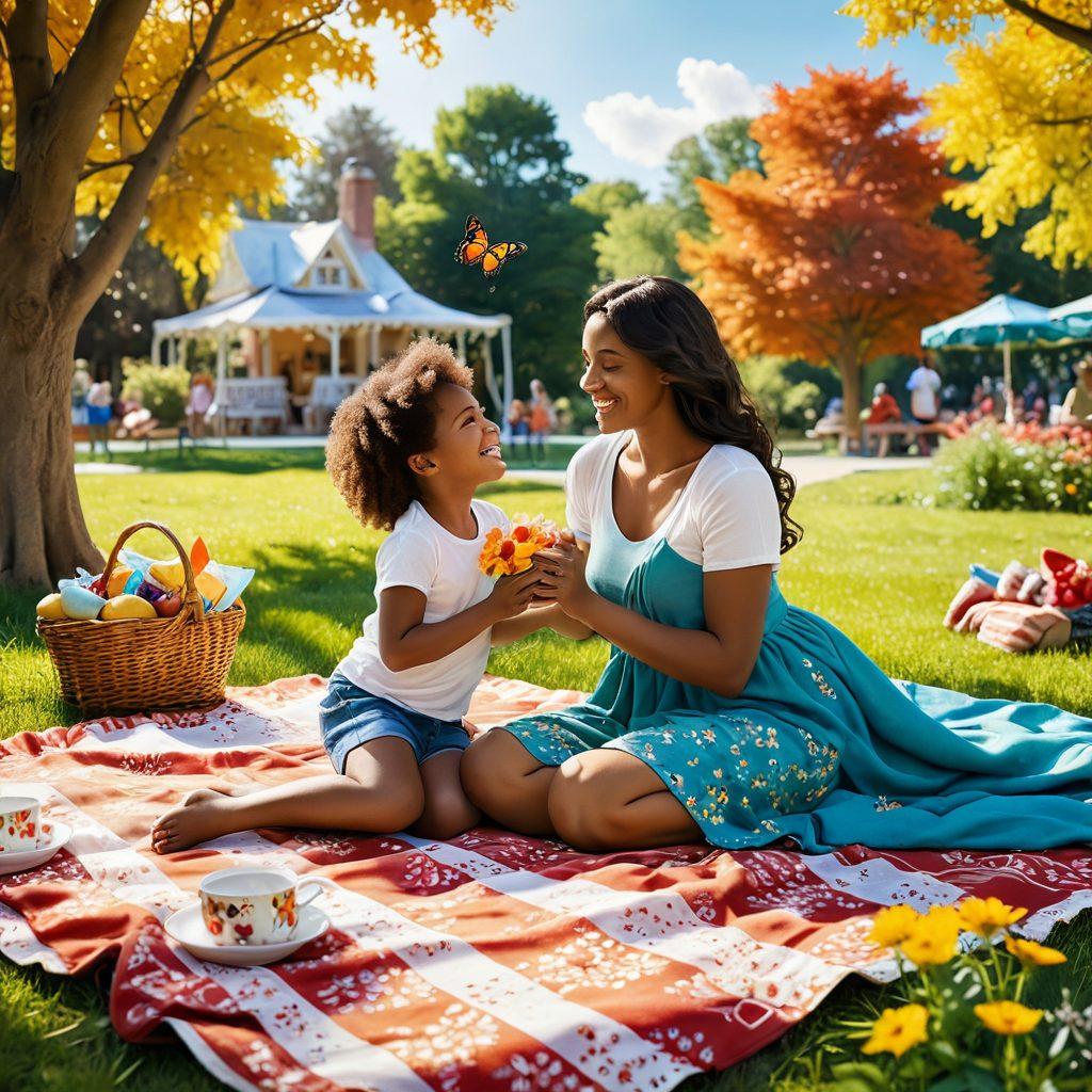 A warm and inviting scene of a mother and child sharing a playful moment in a sunlit park, surrounded by blooming flowers and butterflies fluttering around them. The background features a picnic setup with colorful blankets and snacks, symbolizing joyful connections and nurturing love. The atmosphere is filled with laughter and happiness. super-realistic. vibrant colors. warm tones.