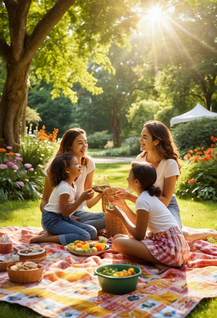 A warm and vibrant scene of diverse mothers joyfully interacting with their children in a sunny park, sharing laughter and love. Surround them with colorful flowers and playful butterflies, symbolizing growth and happiness. Include a picnic setup with healthy snacks to emphasize positivity. Incorporate soft, radiant sunlight filtering through the trees. super-realistic. vibrant colors. bright, inviting atmosphere.